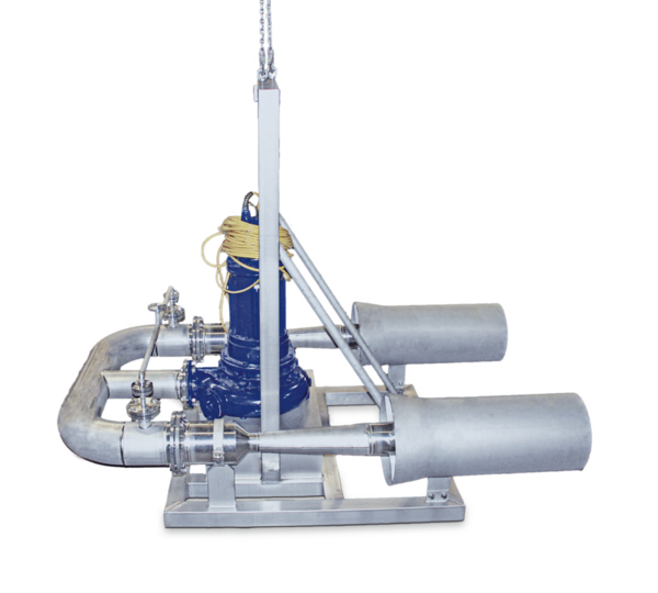 Mobile oxygen transfer system consisting of two ejectors and a submersible pump mounted on a common base frame; ready to be submerged in a waste water treatment plant.
