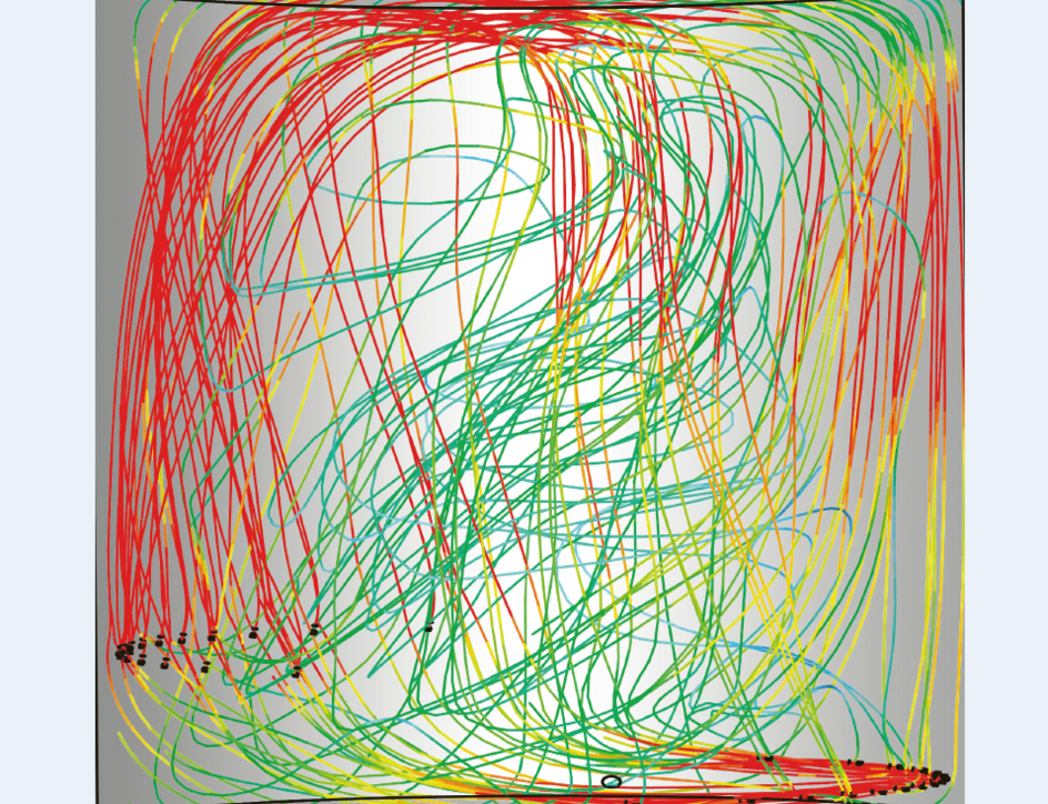 Optimierung der Strömungsverhältnisse in einem zylindrischen Lagertank für Speiseöl durch dreidimensionale Computersimulation Vertikalschnitt; räumliche Verteilung der Strömungsgeschwindigkeit als Farbrasterdarstellung